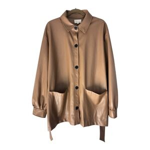 Melloday Faux Leather‎ Shirt Jacket Womens XL Button Up Belted Tan Pockets